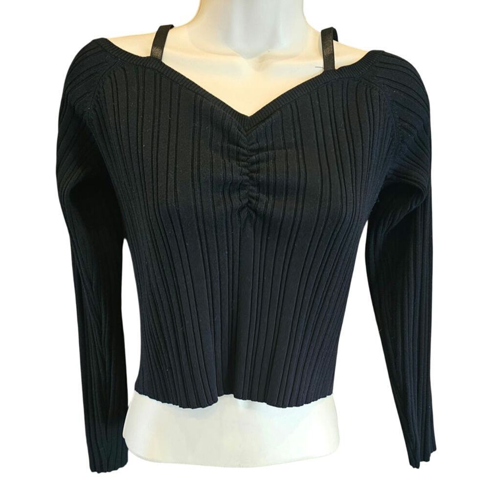 NWT ribbed knit strerch wide neck cropped black sweater minimalist XL evovera